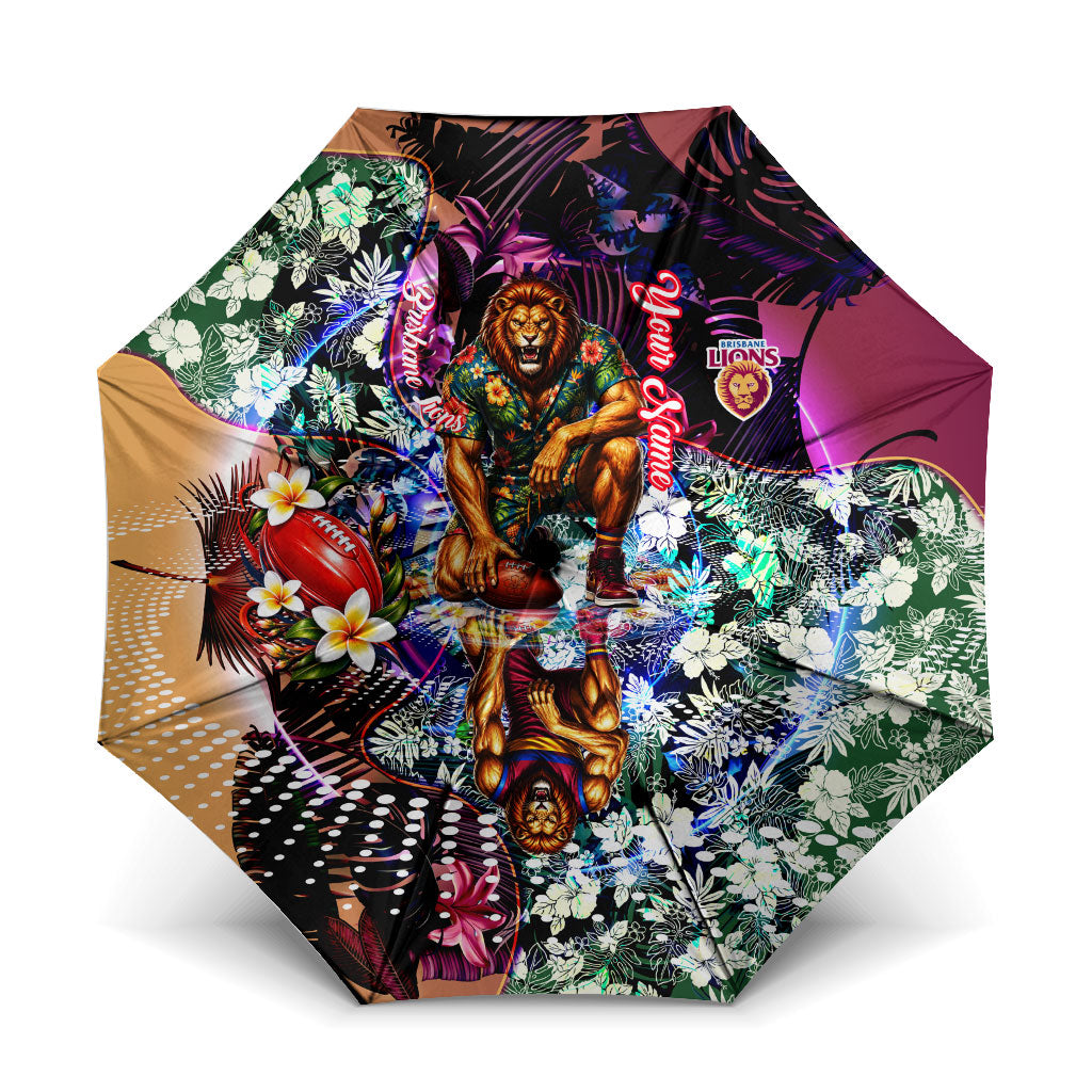 Personalized Brisbane Lions Football Umbrella Tropical Hibiscus Flowers - Pacific Fusion Style