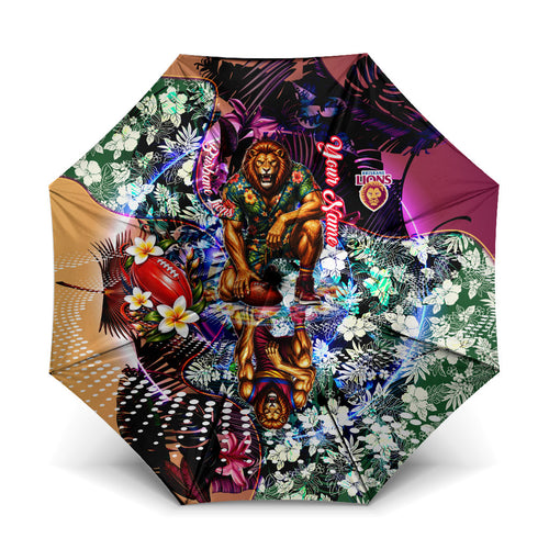 Personalized Brisbane Lions Football Umbrella Tropical Hibiscus Flowers - Pacific Fusion Style