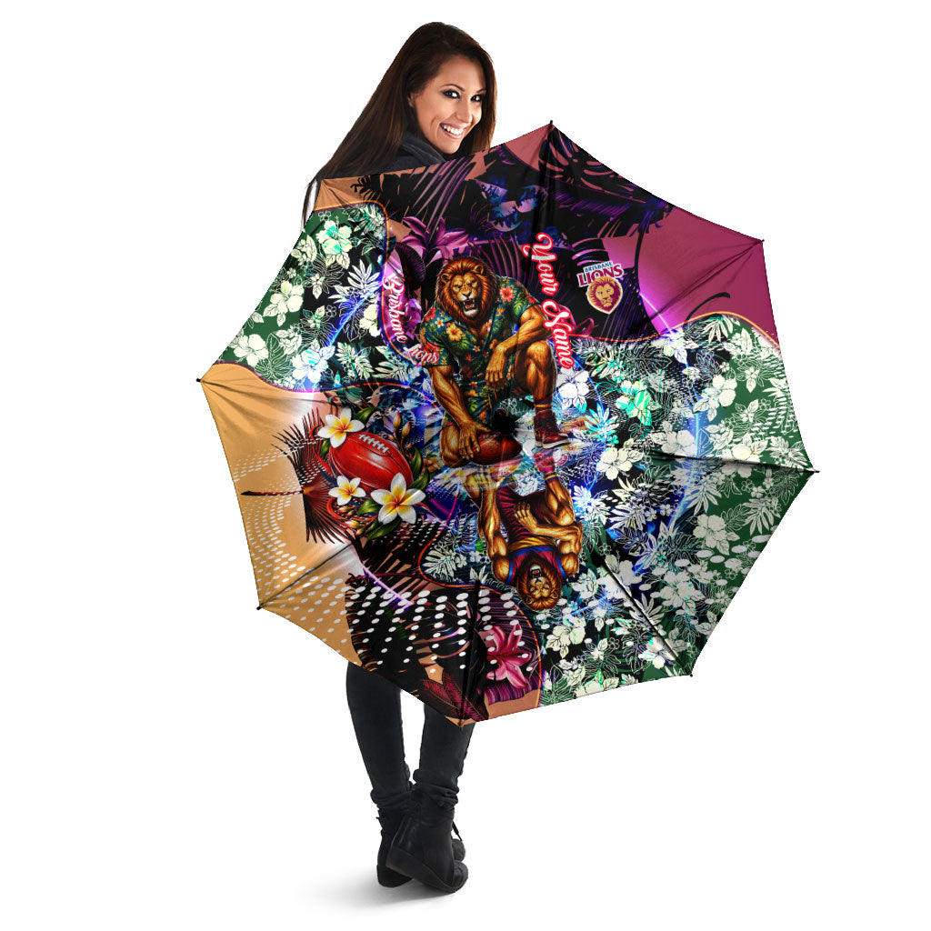 Personalized Brisbane Lions Football Umbrella Tropical Hibiscus Flowers - Pacific Fusion Style