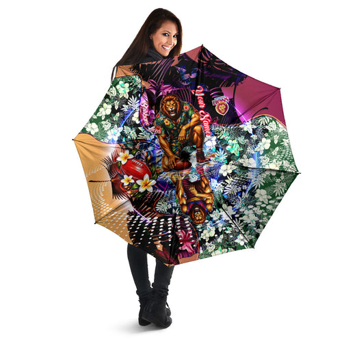 Personalized Brisbane Lions Football Umbrella Tropical Hibiscus Flowers - Pacific Fusion Style