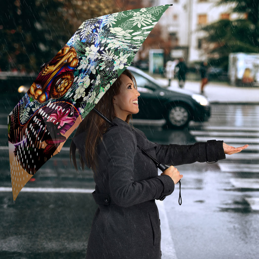 Personalized Brisbane Lions Football Umbrella Tropical Hibiscus Flowers - Pacific Fusion Style