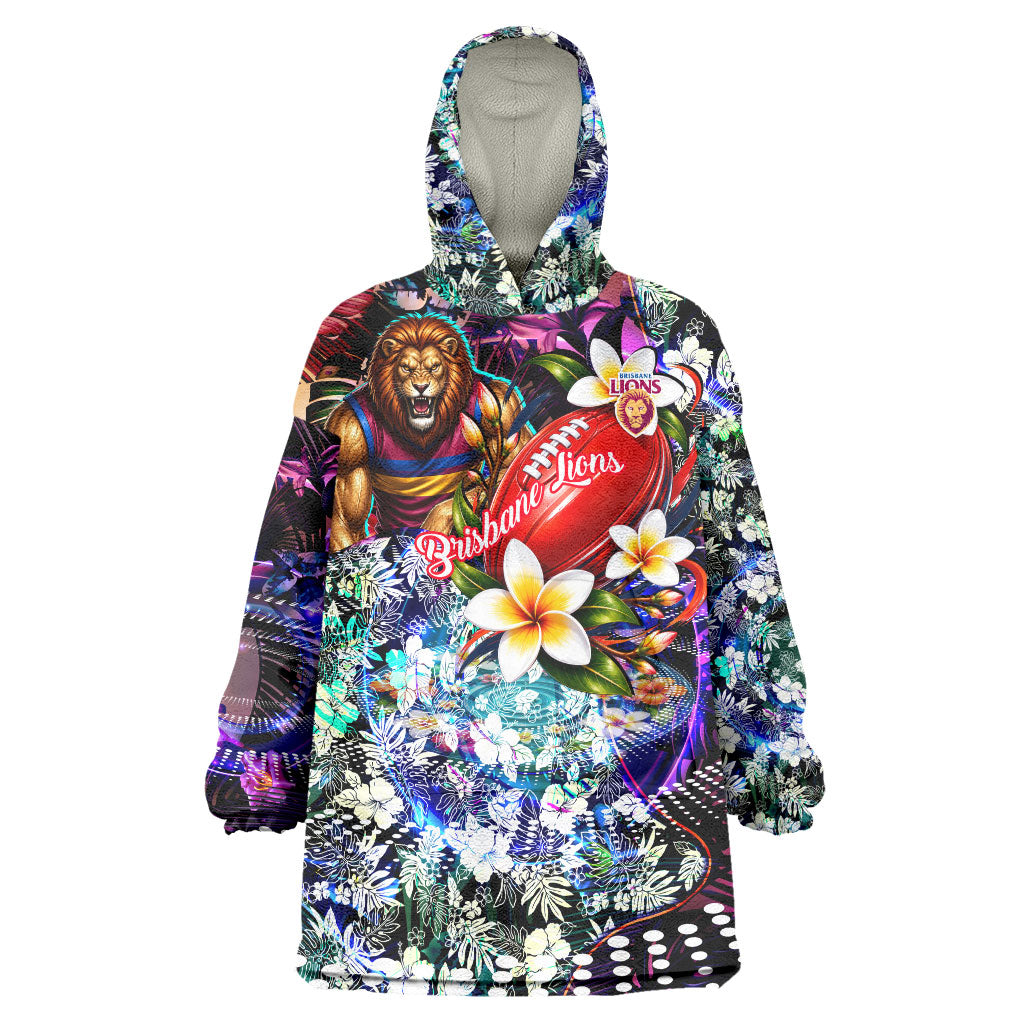 Personalized Brisbane Lions Football Wearable Blanket Hoodie Tropical Hibiscus Flowers - Pacific Fusion Style