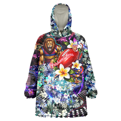 Personalized Brisbane Lions Football Wearable Blanket Hoodie Tropical Hibiscus Flowers - Pacific Fusion Style