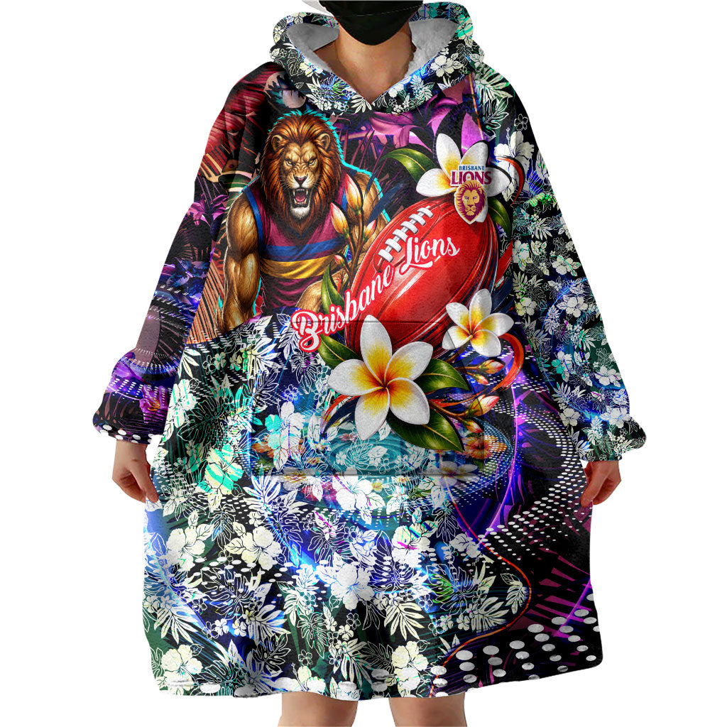 Personalized Brisbane Lions Football Wearable Blanket Hoodie Tropical Hibiscus Flowers - Pacific Fusion Style
