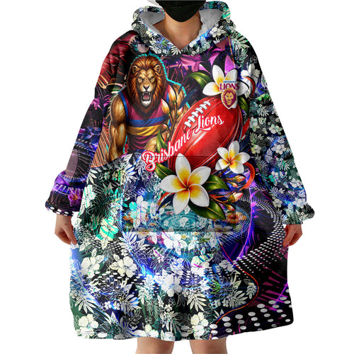 Personalized Brisbane Lions Football Wearable Blanket Hoodie Tropical Hibiscus Flowers - Pacific Fusion Style