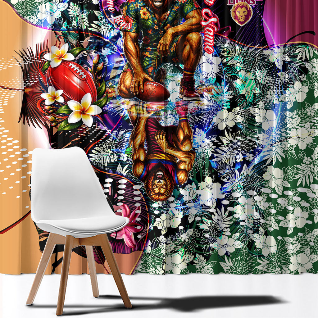 Personalized Brisbane Lions Football Window Curtain Tropical Hibiscus Flowers - Pacific Fusion Style