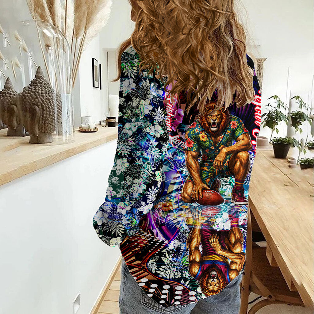 Personalized Brisbane Lions Football Women Casual Shirt Tropical Hibiscus Flowers - Pacific Fusion Style