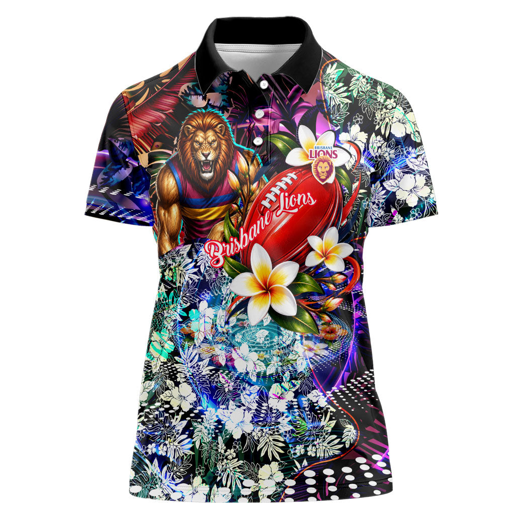 Personalized Brisbane Lions Football Women Polo Shirt Tropical Hibiscus Flowers - Pacific Fusion Style