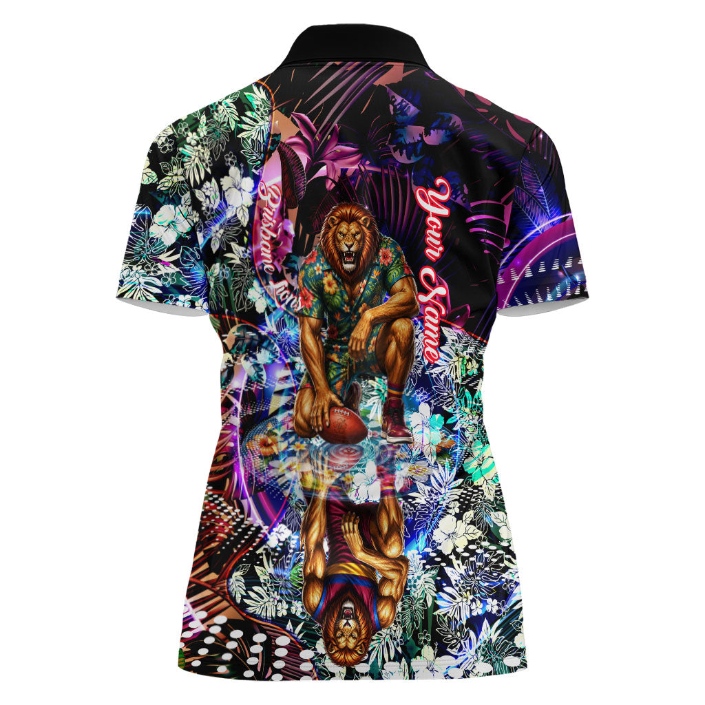 Personalized Brisbane Lions Football Women Polo Shirt Tropical Hibiscus Flowers - Pacific Fusion Style