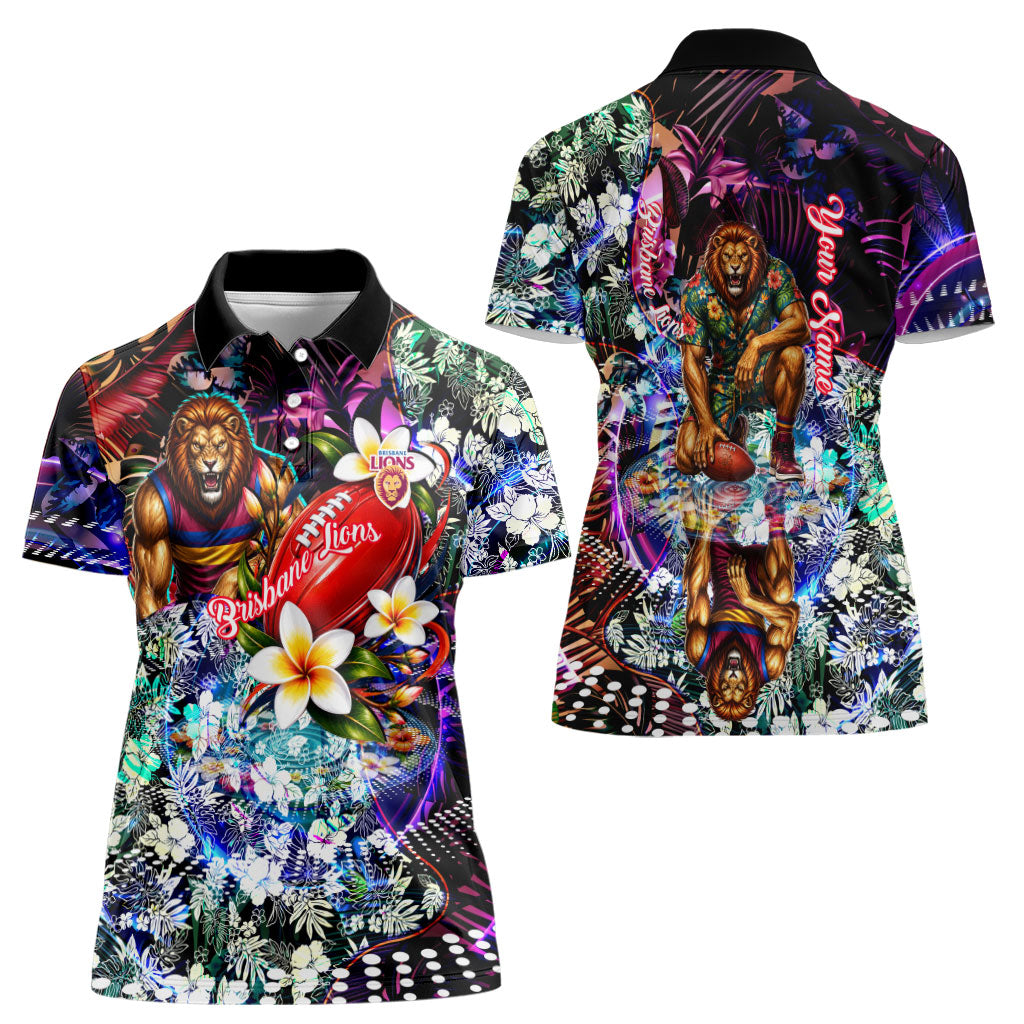 Personalized Brisbane Lions Football Women Polo Shirt Tropical Hibiscus Flowers - Pacific Fusion Style