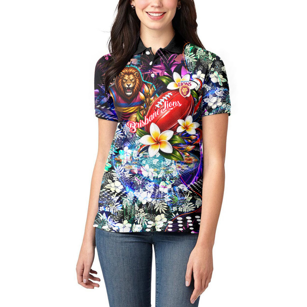 Personalized Brisbane Lions Football Women Polo Shirt Tropical Hibiscus Flowers - Pacific Fusion Style