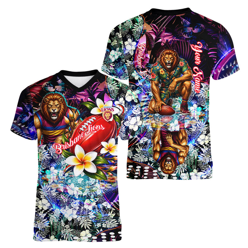 Personalized Brisbane Lions Football Women V-Neck T-Shirt Tropical Hibiscus Flowers - Pacific Fusion Style
