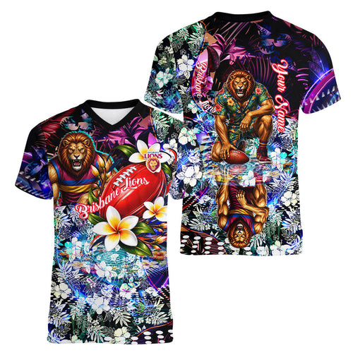 Personalized Brisbane Lions Football Women V-Neck T-Shirt Tropical Hibiscus Flowers - Pacific Fusion Style