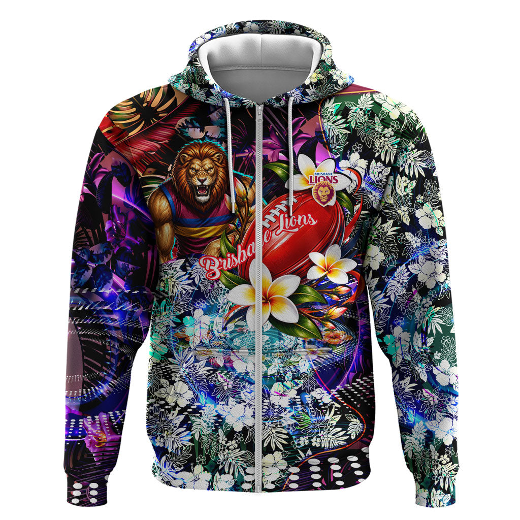 Personalized Brisbane Lions Football Zip Hoodie Tropical Hibiscus Flowers - Pacific Fusion Style