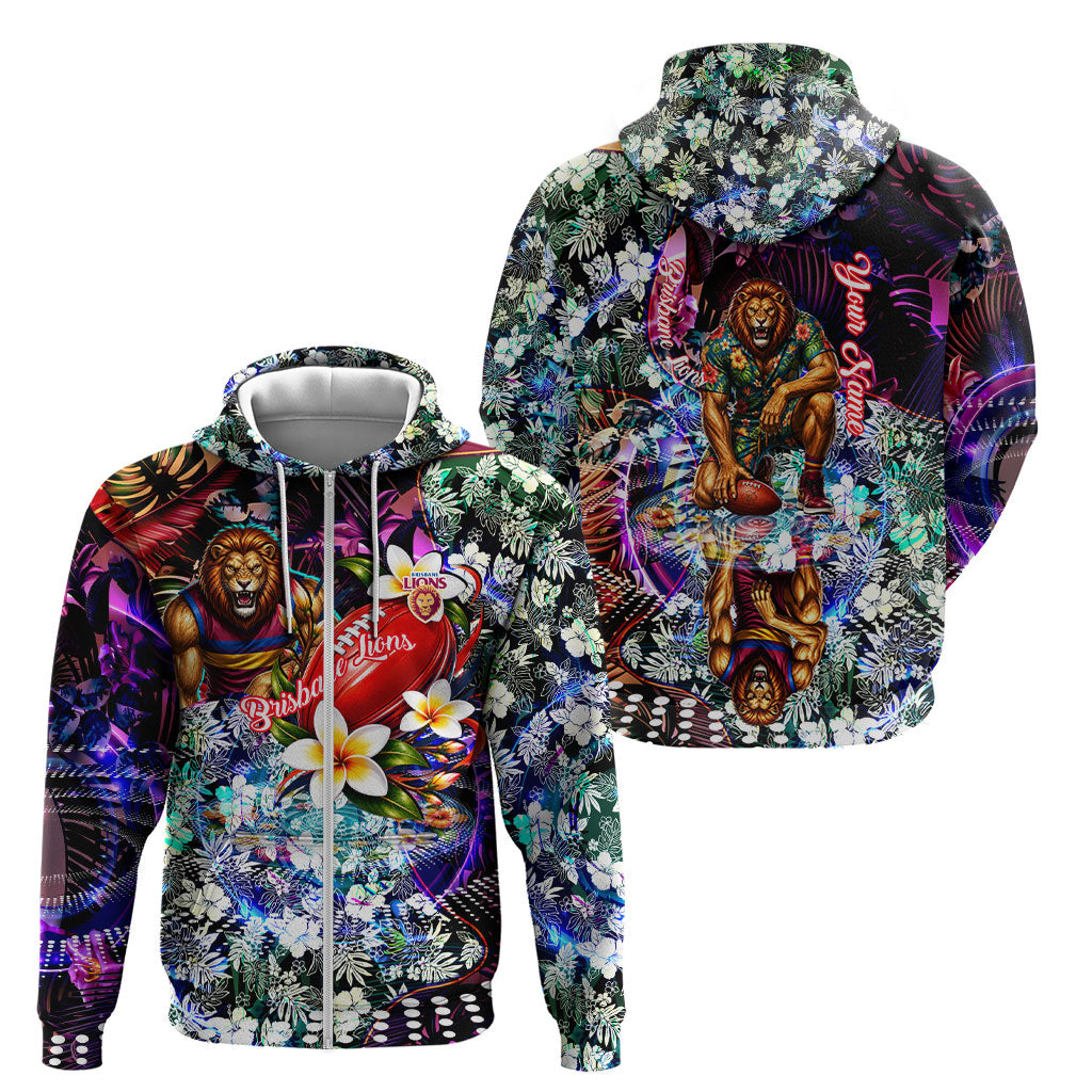 Personalized Brisbane Lions Football Zip Hoodie Tropical Hibiscus Flowers - Pacific Fusion Style