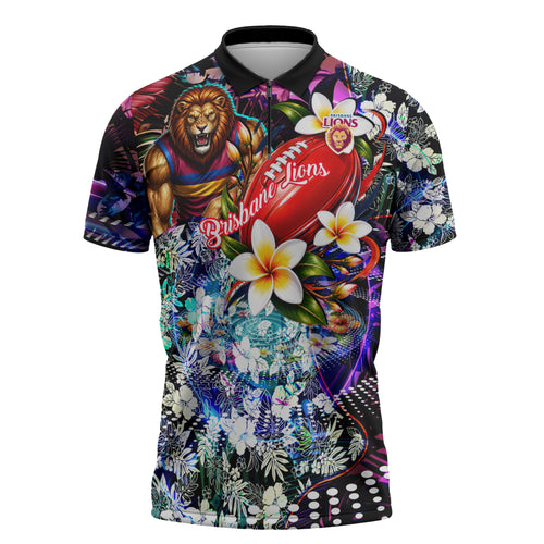 Personalized Brisbane Lions Football Zipper Polo Shirt Tropical Hibiscus Flowers - Pacific Fusion Style