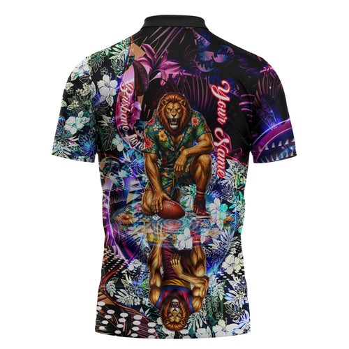 Personalized Brisbane Lions Football Zipper Polo Shirt Tropical Hibiscus Flowers - Pacific Fusion Style