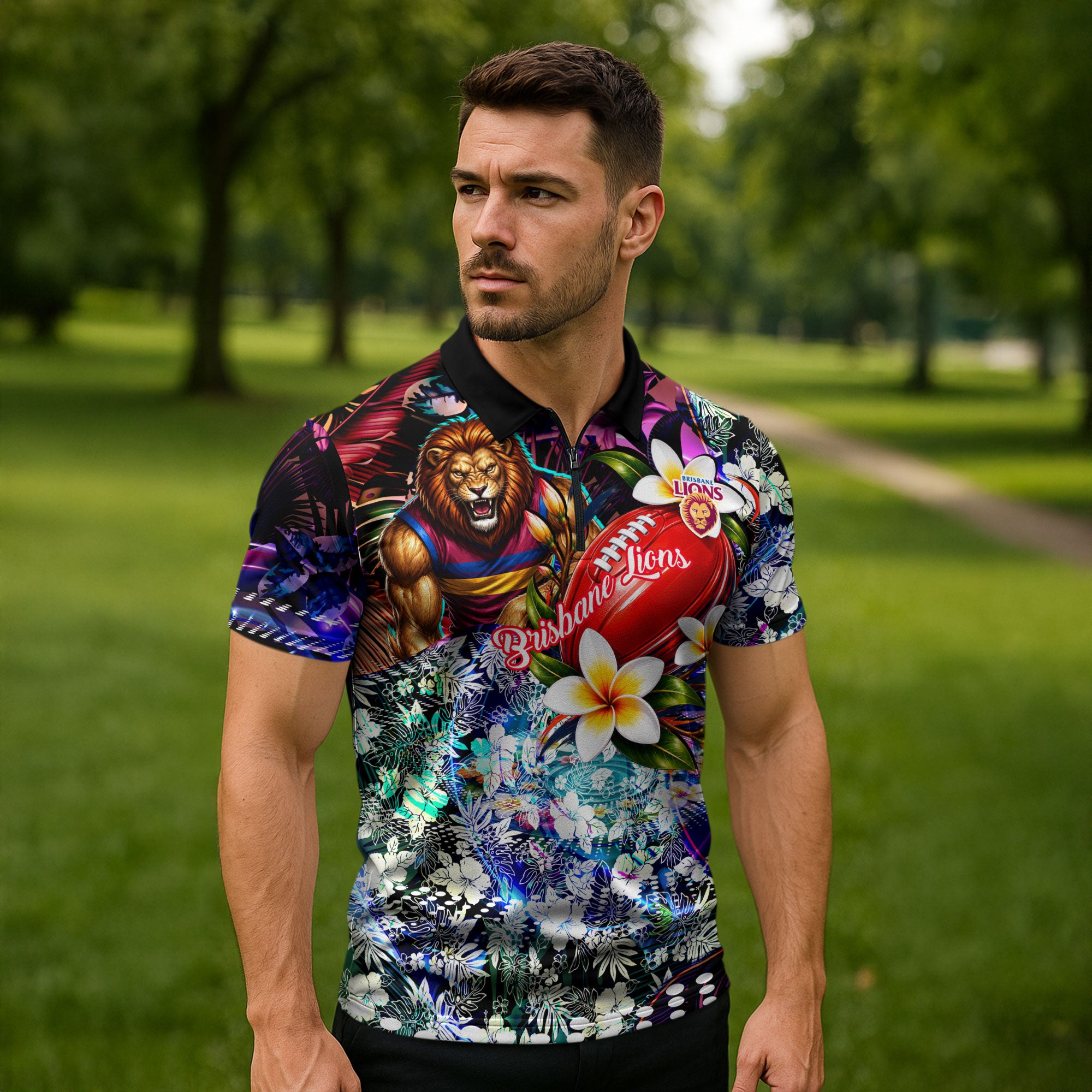 Personalized Brisbane Lions Football Zipper Polo Shirt Tropical Hibiscus Flowers - Pacific Fusion Style