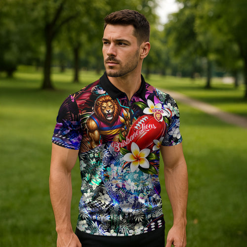 Personalized Brisbane Lions Football Zipper Polo Shirt Tropical Hibiscus Flowers - Pacific Fusion Style