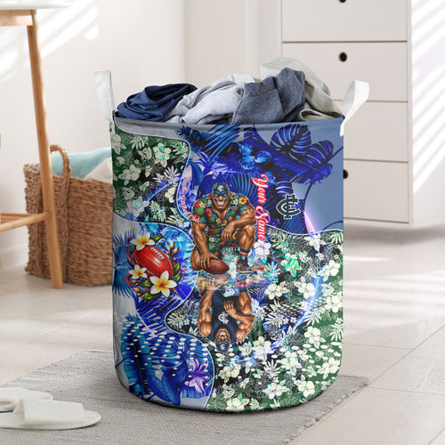Personalized Carlton Football Blues Laundry Basket Tropical Hibiscus Flowers - Pacific Fusion Style