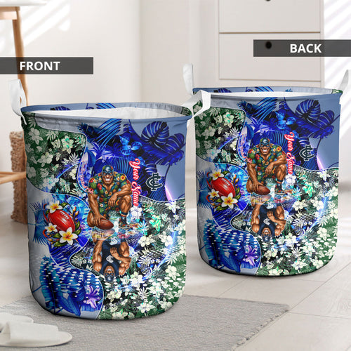 Personalized Carlton Football Blues Laundry Basket Tropical Hibiscus Flowers - Pacific Fusion Style