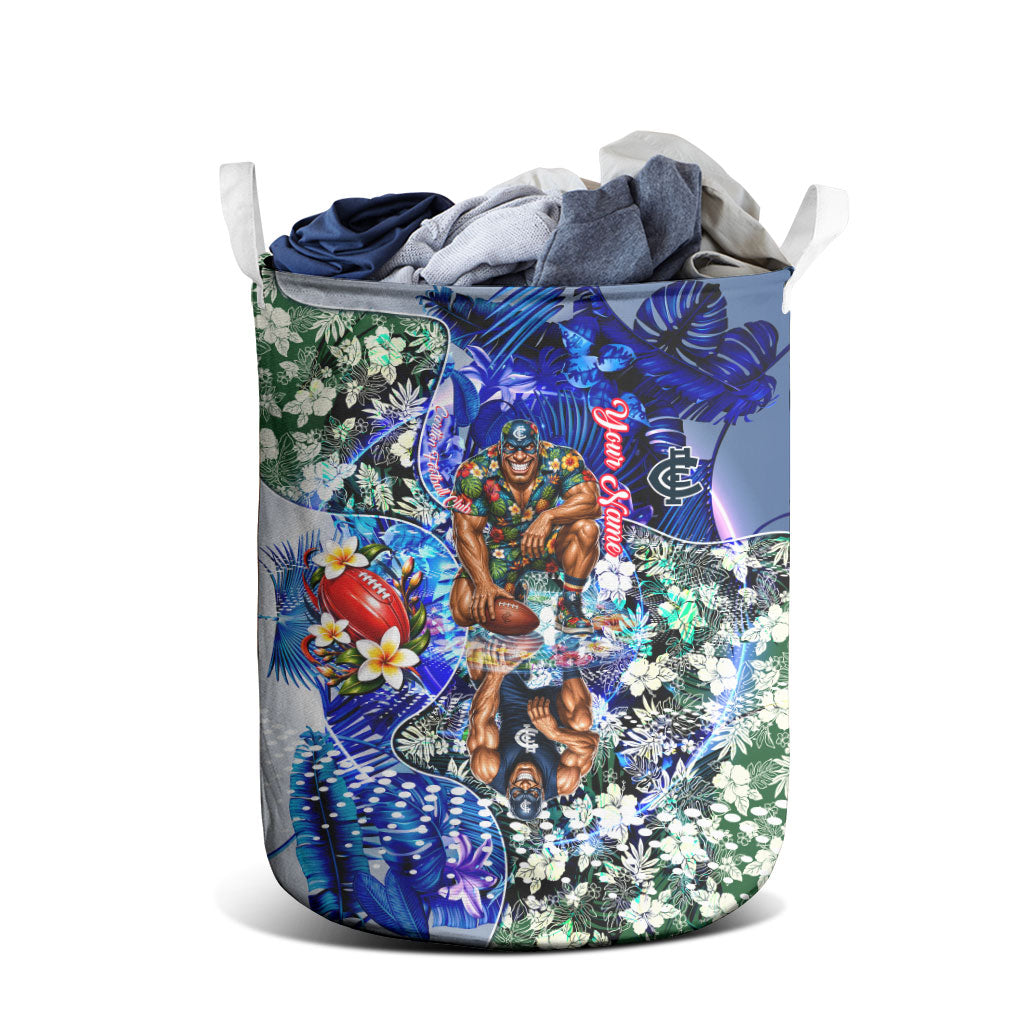 Personalized Carlton Football Blues Laundry Basket Tropical Hibiscus Flowers - Pacific Fusion Style