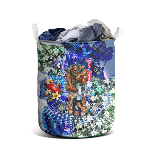 Personalized Carlton Football Blues Laundry Basket Tropical Hibiscus Flowers - Pacific Fusion Style