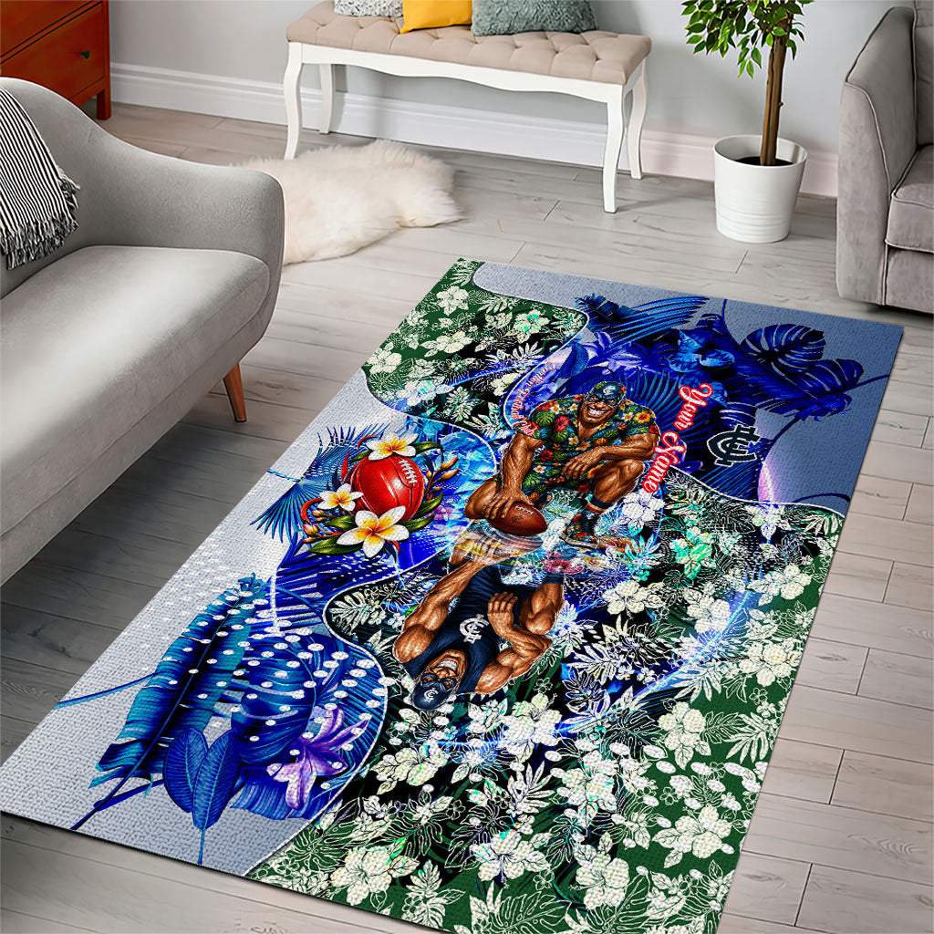 Personalized Carlton Football Blues Area Rug Tropical Hibiscus Flowers - Pacific Fusion Style