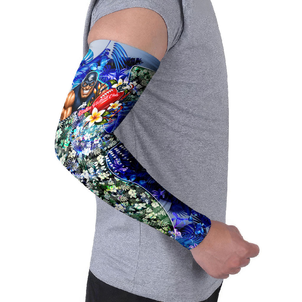Personalized Carlton Football Blues Arm Sleeves Tropical Hibiscus Flowers - Pacific Fusion Style