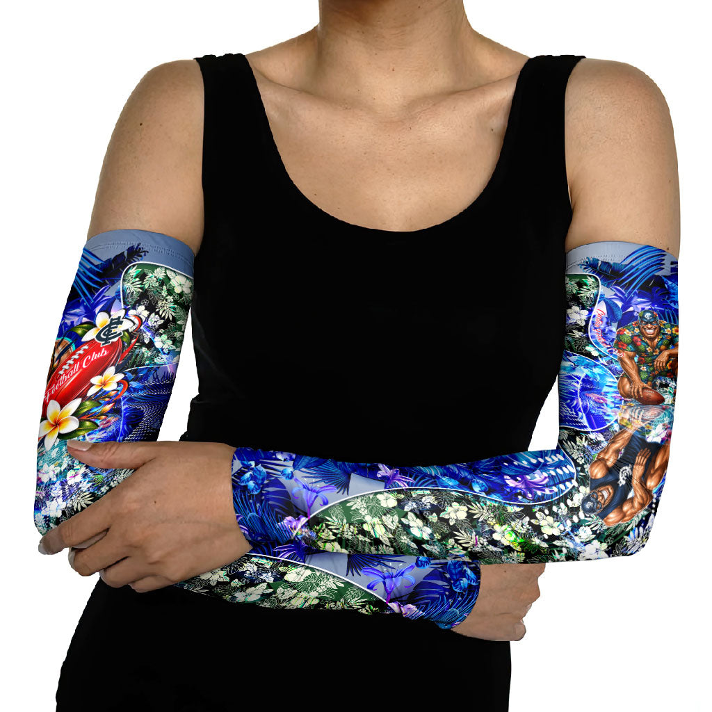 Personalized Carlton Football Blues Arm Sleeves Tropical Hibiscus Flowers - Pacific Fusion Style