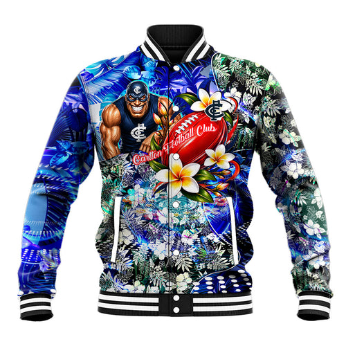 Personalized Carlton Football Blues Baseball Jacket Tropical Hibiscus Flowers - Pacific Fusion Style