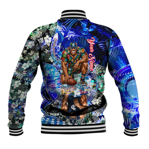 Personalized Carlton Football Blues Baseball Jacket Tropical Hibiscus Flowers - Pacific Fusion Style