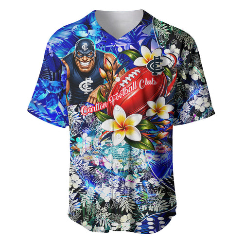 Personalized Carlton Football Blues Baseball Jersey Tropical Hibiscus Flowers - Pacific Fusion Style