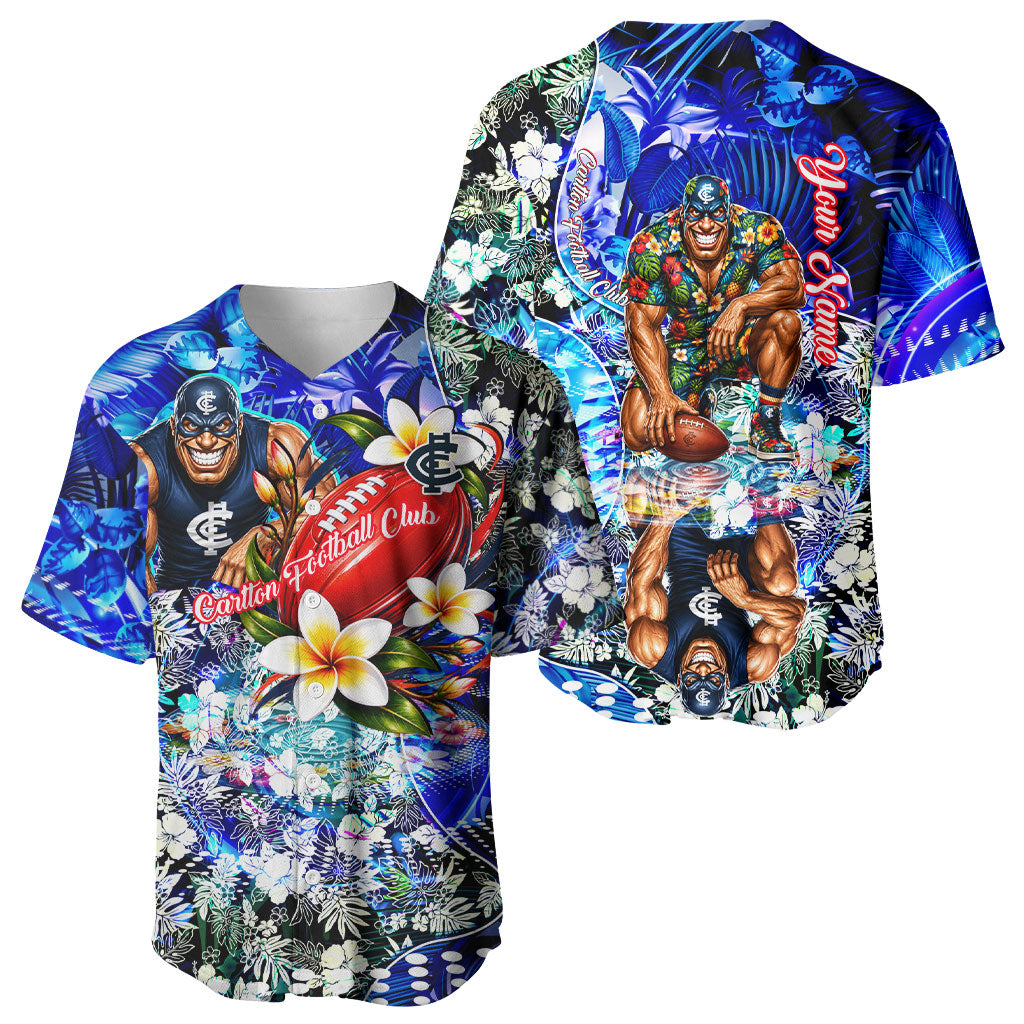 Personalized Carlton Football Blues Baseball Jersey Tropical Hibiscus Flowers - Pacific Fusion Style