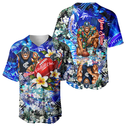 Personalized Carlton Football Blues Baseball Jersey Tropical Hibiscus Flowers - Pacific Fusion Style