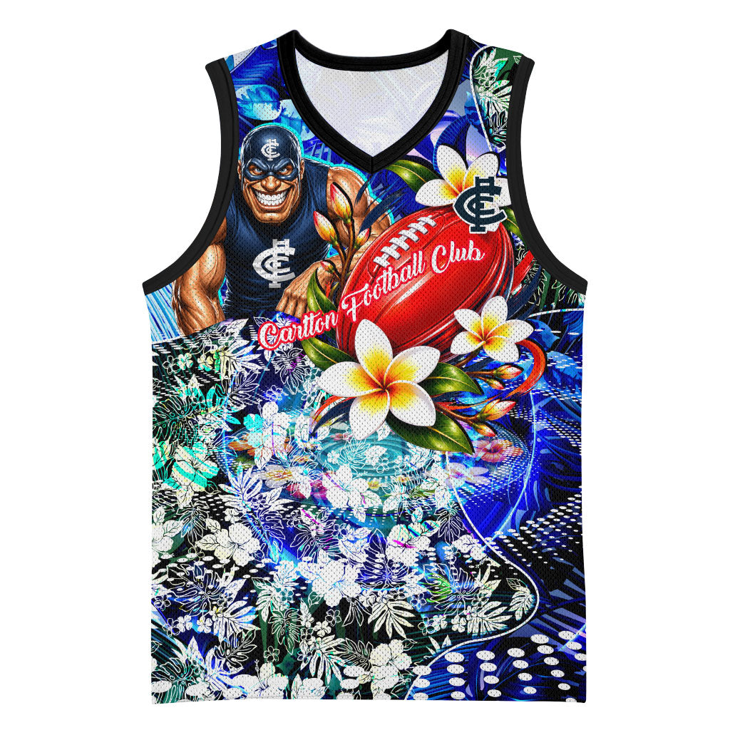 Personalized Carlton Football Blues Basketball Jersey Tropical Hibiscus Flowers - Pacific Fusion Style