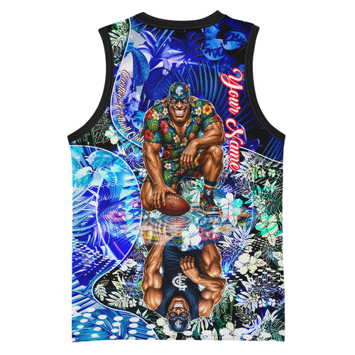Personalized Carlton Football Blues Basketball Jersey Tropical Hibiscus Flowers - Pacific Fusion Style