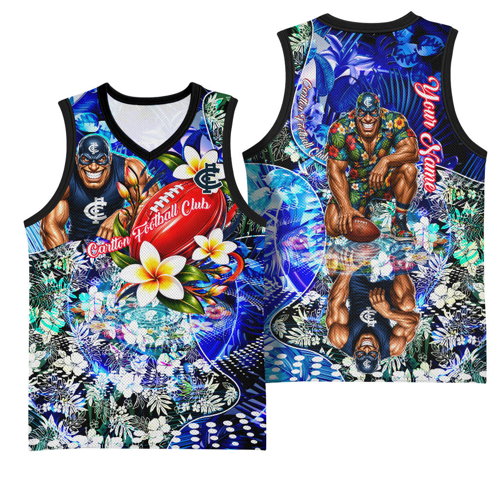 Personalized Carlton Football Blues Basketball Jersey Tropical Hibiscus Flowers - Pacific Fusion Style