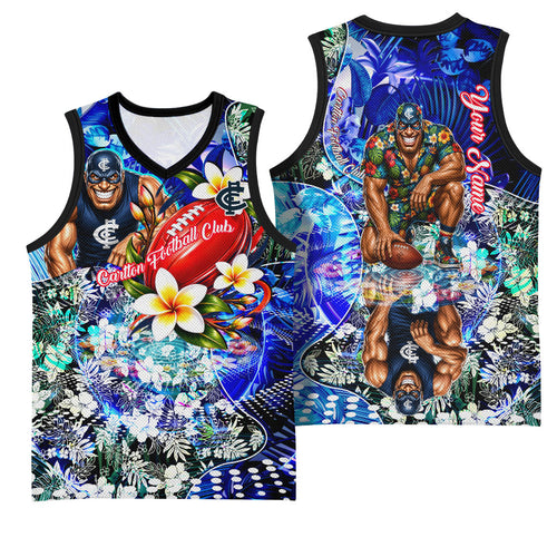 Personalized Carlton Football Blues Basketball Jersey Tropical Hibiscus Flowers - Pacific Fusion Style