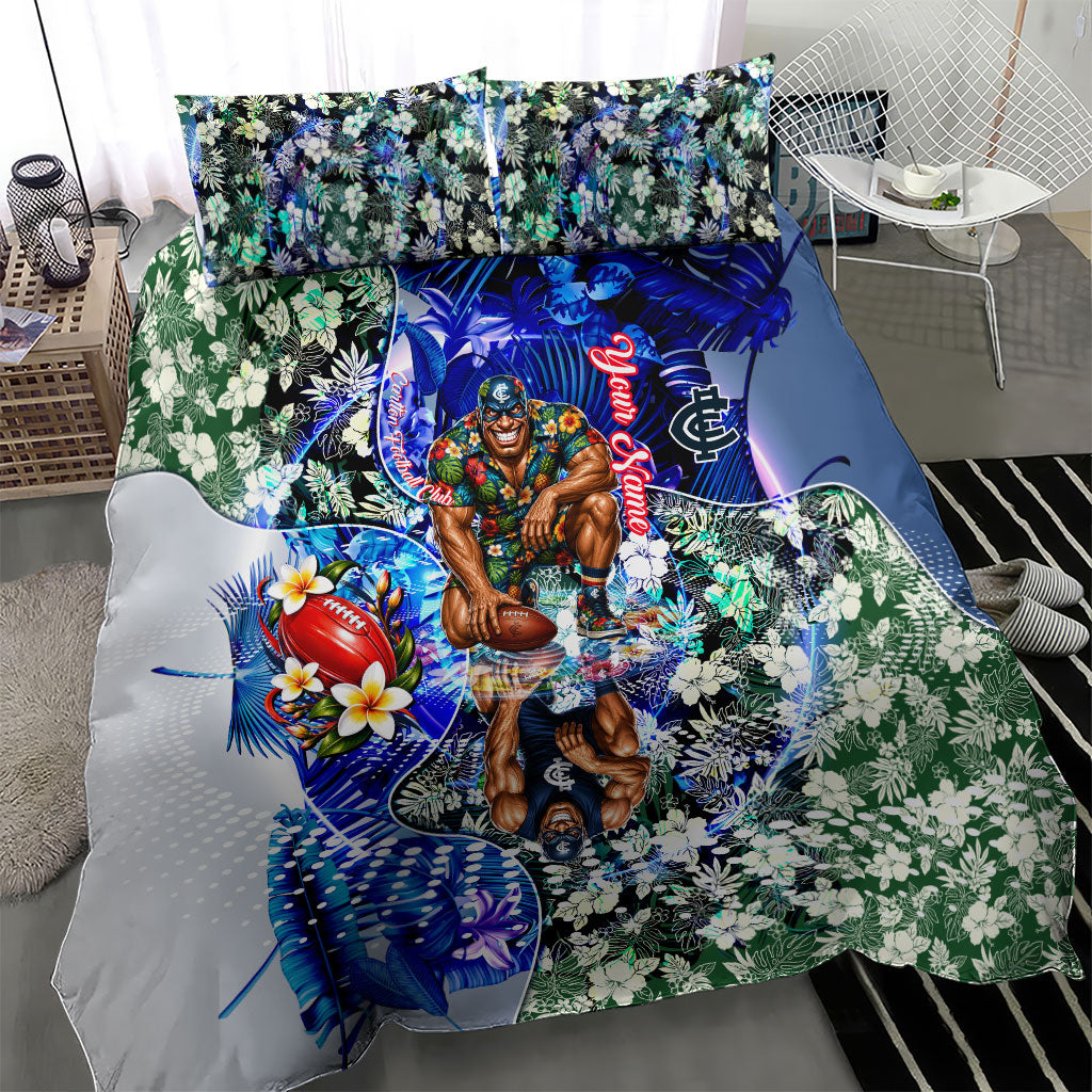 Personalized Carlton Football Blues Bedding Set Tropical Hibiscus Flowers - Pacific Fusion Style