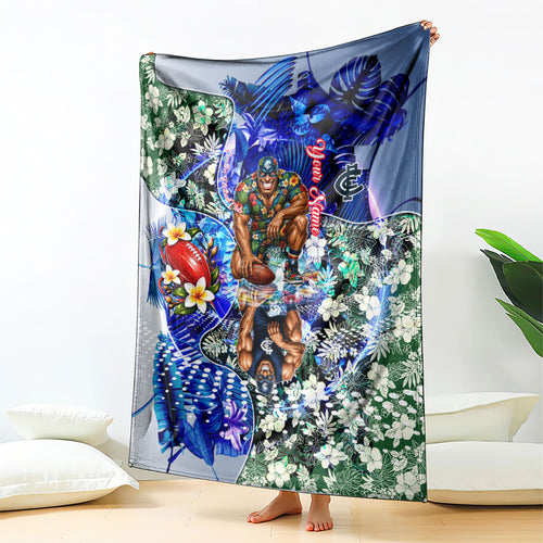 Personalized Carlton Football Blues Blanket Tropical Hibiscus Flowers - Pacific Fusion Style