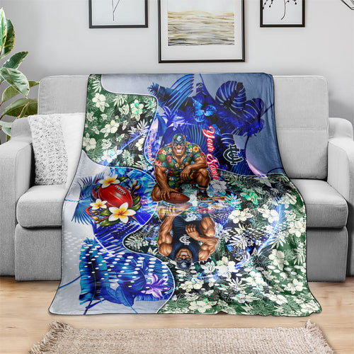 Personalized Carlton Football Blues Blanket Tropical Hibiscus Flowers - Pacific Fusion Style