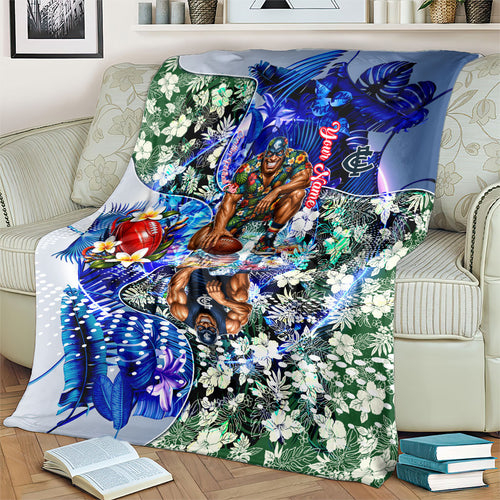 Personalized Carlton Football Blues Blanket Tropical Hibiscus Flowers - Pacific Fusion Style