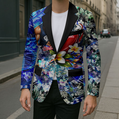 Personalized Carlton Football Blues Blazer Tropical Hibiscus Flowers - Pacific Fusion Style