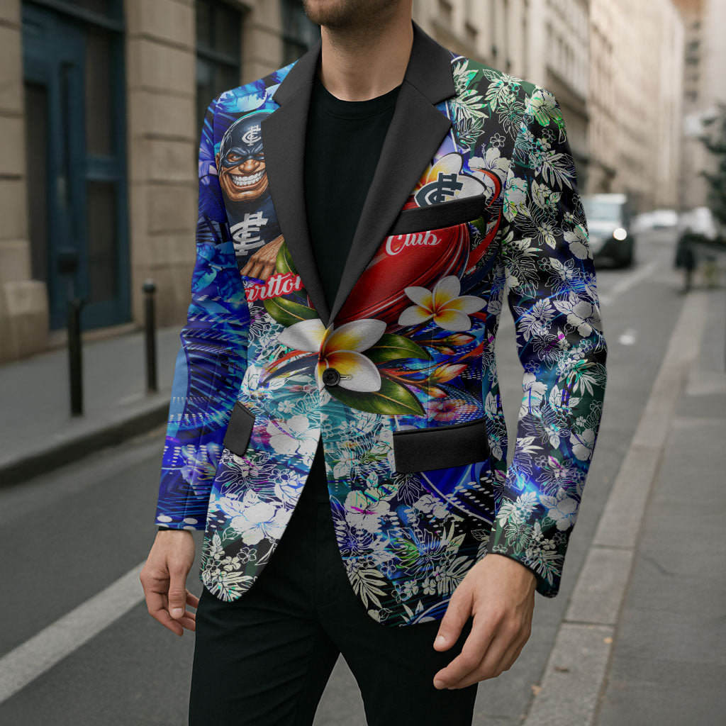 Personalized Carlton Football Blues Blazer Tropical Hibiscus Flowers - Pacific Fusion Style