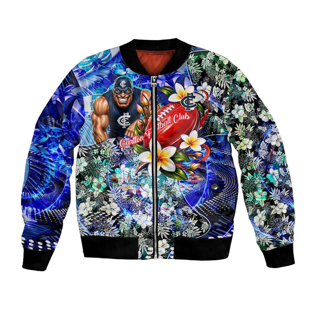 Personalized Carlton Football Blues Bomber Jacket Tropical Hibiscus Flowers - Pacific Fusion Style