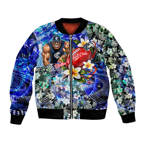 Personalized Carlton Football Blues Bomber Jacket Tropical Hibiscus Flowers - Pacific Fusion Style
