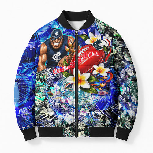 Personalized Carlton Football Blues Bomber Puffer Jacket Tropical Hibiscus Flowers - Pacific Fusion Style