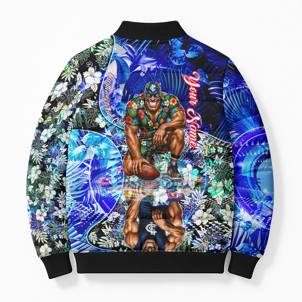 Personalized Carlton Football Blues Bomber Puffer Jacket Tropical Hibiscus Flowers - Pacific Fusion Style