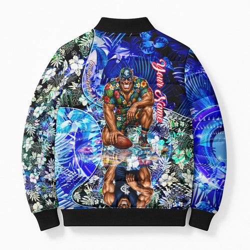 Personalized Carlton Football Blues Bomber Puffer Jacket Tropical Hibiscus Flowers - Pacific Fusion Style